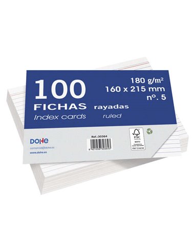 Dohe Fichas de Cartulina Offset Blanca de 180g - 100 Unidades - Rayadas