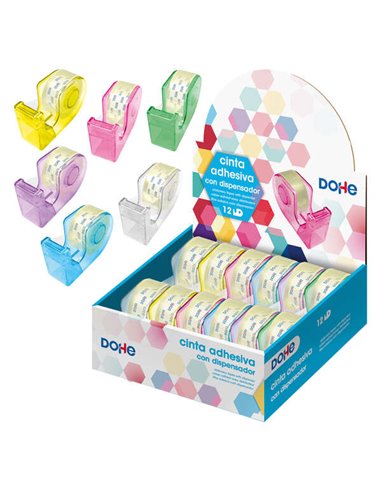 Dohe Présentoir Avec 12 Dispensadores de Ruban Adhesiva - Ruban Adhesiva de 18mmx20M - Practico et Versatil - Couleurs assorties