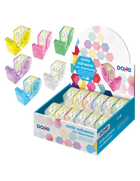 Dohe Présentoir Avec 12 Dispensadores de Ruban Adhesiva - Ruban Adhesiva de 18mmx20M - Practico et Versatil - Couleurs assorties