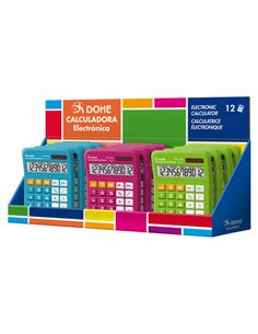 Dohe Présentoir de 12 Calculadoras - Alimentation Solar et à Pilas - 12 Digitos - Teclas de Memoria - Couleurs assorties