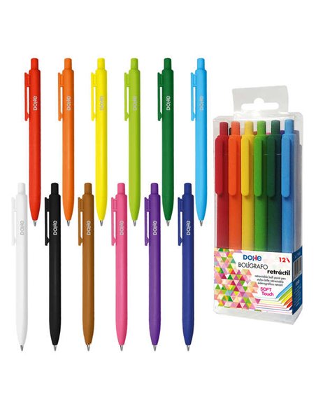 Dohe Pack de 12 Boligrafos Retractiles Toucher Soft - Pointe Bola Metalica de 1mm - Trait de 0,4mm - Encre du Couleur du Stylo à
