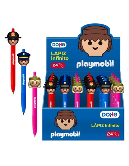 Dohe Playmobil Présentoir Avec 24 Lapices Infinitos - Grip de Caucho - Se Borra Facilmente - Decorados Playmobil Policia, Bomber