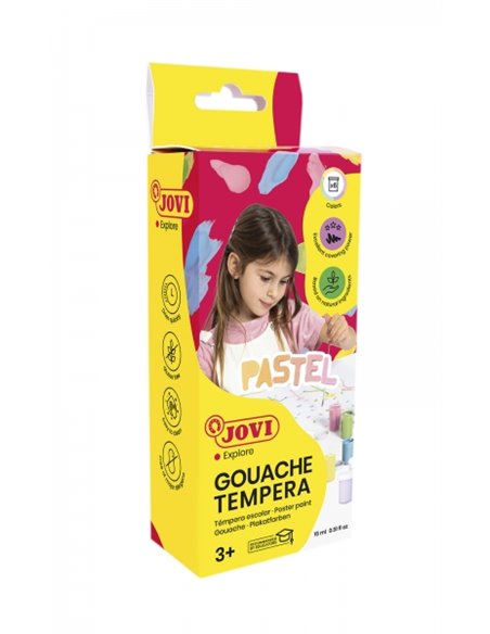 Jovi Gouache Tempera Étui de 6 Botes 15ml Tempera Scolaire - Couleurs Pastel + Pincel - Mezclables - Comprend Pincel - Couleur A