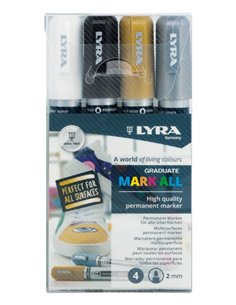 Lyra Mark All Pack de 4 Feutres Permanentes - Multisuperficie - Pointe Ronde - 2mm - Couleurs Noir, Blanc, Oro et Argent