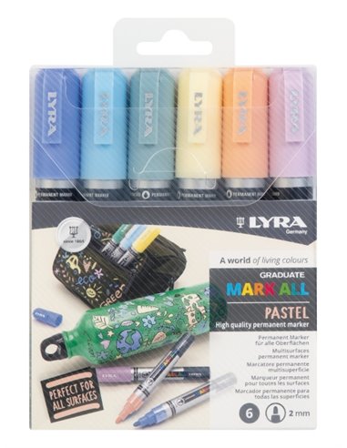 Lyra Mark All Pack de 6 Feutres Permanentes - Multisuperficie - Pointe Ronde - 2mm - Couleurs Pastel