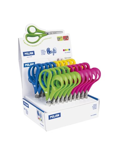 Milan Présentoir Avec 20 Ciseaux Pour Zurdos - Mango Ergonomique - Pointe Redondeada - Acier Inoxydable de 14cm - Couleurs assor