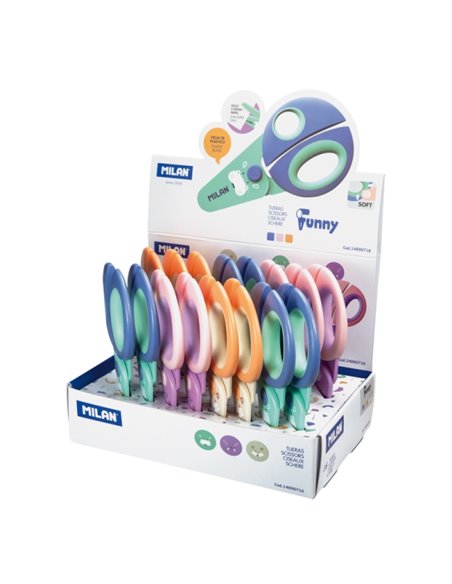 Milan Funny Présentoir Avec 16 Ciseaux - Pointe Redondeada Pour Infantil - Feuilles de Plastico de Sécurité - Couleurs assorties