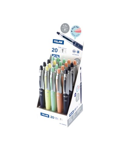 Milan Capsule Silver Présentoir Avec 20 Boligrafos de Bola Retractiles - Pointe Ronde 1mm - Encre Bleu - Couleurs assorties