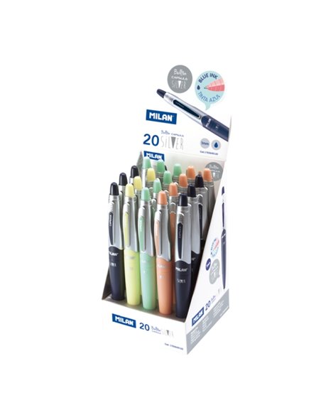Milan Capsule Silver Présentoir Avec 20 Boligrafos de Bola Retractiles - Pointe Ronde 1mm - Encre Bleu - Couleurs assorties