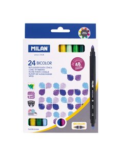Milan Pack de 24 Feutres Bicolor - Encre al Eau - Pointe Conica de 5mm - Couleurs assorties