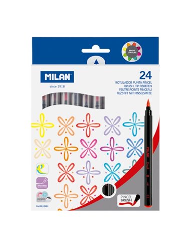 Milan Pack de 24 Feutres Pointe Pincel - Encre al Eau - Pointe de Pincel 0.5 à 4mm - Couleurs assorties