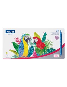 Milan Pack de 24 Feutres Double Pointe Fina - Pincel - Boîte Metalica - Pointe Fina 2mm - Pincel 0.5 à 4mm - Couleurs assorties