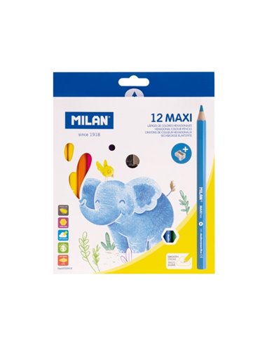Milan Maxi Pack de 12 Lapices de Couleurs - Comprend Sacapuntas - Hexagonales - Couleurs assorties
