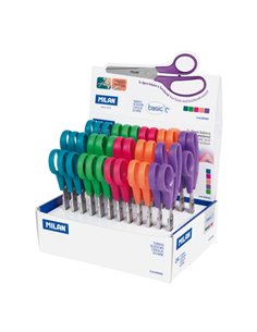 Milan Basic Présentoir Avec 24 Ciseaux Basic - Mango Ergonomique - Pointe Redondeada - Acier Inoxydable de 13.4cm - Couleurs ass
