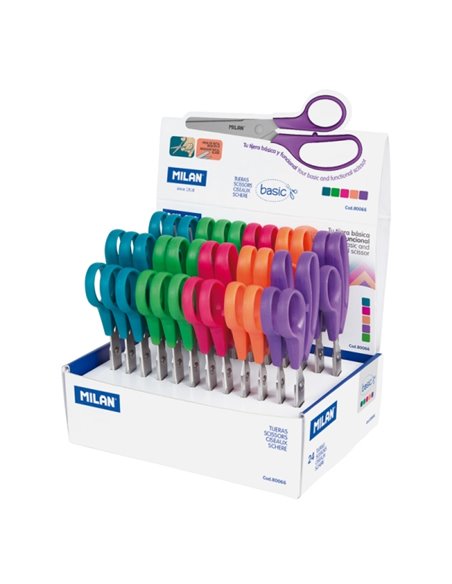 Milan Basic Présentoir Avec 24 Ciseaux Basic - Mango Ergonomique - Pointe Redondeada - Acier Inoxydable de 13.4cm - Couleurs ass