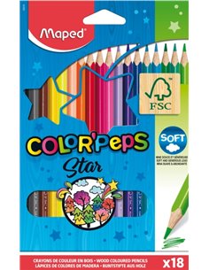 Maped Couleur´Peps Star Pack de 18 Lapices de Couleurs Triangulares - Mina Doux - Bois Certificada FSC - Couleurs assorties