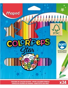 Maped Couleur´Peps Star Pack de 24 Lapices de Couleurs Triangulares - Mina Doux - Bois Certificada FSC - Couleurs assorties