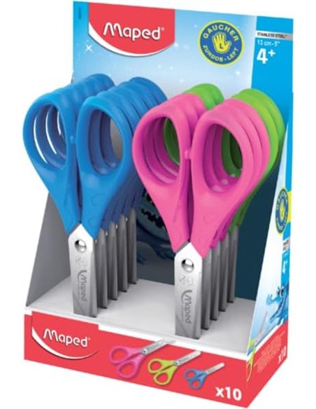 Maped Essentials Zurdos Tijera Scolaire Pointe Ronde 13cm - Feuilles de Acier Inoxydable - Mango de Plastico Simetrico - Couleur
