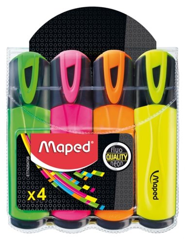 Maped Peps Classic Pack de 4 Marcadores Fluorescentes - Pointe Biselada - Trait de 1 à 5mm - Idéal Pour Subrayar et Resaltar - C