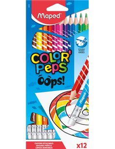 Maped Couleur´Peps Oops Pack de 12 Lapices de Couleurs Borrables - Mina 2.9mm - Avec Goma de Borrar - Sans Bois - Couleurs assor