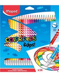 Maped Couleur´Peps Oops Pack de 24 Lapices de Couleurs Borrables - Mina 2.9mm - Avec Goma de Borrar - Sans Bois - Couleurs assor