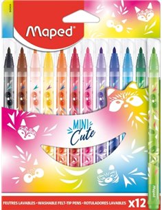 Maped Jungle Mini Cute Pack de 12 Feutres Avec Pointe Media Bloqueada 2.8mm - Encre Lavable - Couleurs assorties
