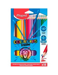Maped Couleur´Peps Strong Pack de 18 Lapices Triangulares de Couleurs - Mina 3,2mm - Sans Bois - Pointe Ultra Résistant - Couleu