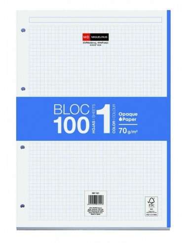 Miquel Rius Bloc1 Bloc Encolado Format A4 - 100 Feuilles de 70gr Avec 4 Taladros - Banda de les Feuilles Bleu - Base de Carton -