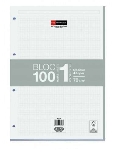 Miquel Rius Bloc1 Bloc Encolado Format A4 - 100 Feuilles de 70gr Avec 4 Taladros - Banda de les Feuilles Gris - Base de Carton -