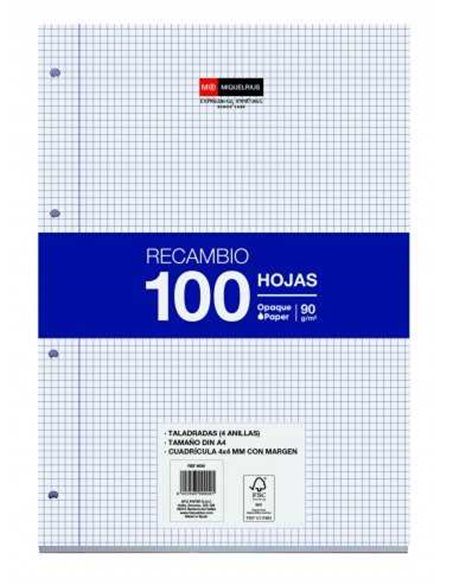 Miquel Rius Recambio Format A4 - 100 Feuilles Sueltas de 90gr Avec 4 Taladros - Cuadricula 4x4 Avec Margen