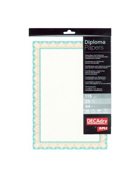 Apli Pack de 25 Feuilles de Papier Certificado - Design de Concha - 115gr - Idéal Pour Certificados et Diplomas - Compatible Ave