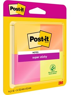 Post-It Super Sticky Pack de 4 Blocs de 45 Notas Adhesivas Reposicionables - 47.6x47.6mm - 100% PEFC - Couleurs assorties