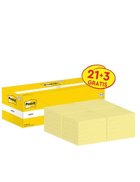 Post-It Pack de 24 Blocs de 100 Notas Adhesivas Reposicionables - Forma Cuadrada - 76x76mm - Couleur Jaune Clair