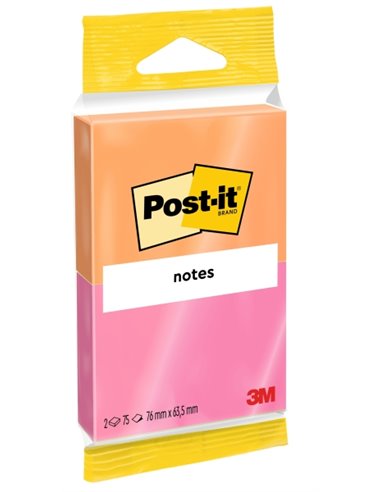 Post-It Pack de 2 Blocs de 75 Notas Adhesivas Reposicionables - Forma Rectangulaire - 76x63.5mm - Couleurs assorties
