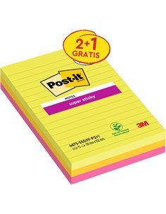 Post-It Super Sticky Pack de 3 Blocs de 75 Notas Adhesivas Reposicionables - Forma Rectangulaire - 101x152mm - Couleurs assortie