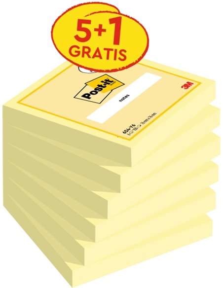 Post-It Pack de 6 Blocs de 100 Notas Adhesivas Reposicionables - 76x76mm - Promocion 5 Blocs + 1 Gratis - Couleur Jaune Clair