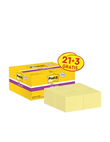 Post-It Super Sticky Pack de 24 Blocs de 90 Notas Adhesivas Reposicionables - 47.6x47.6mm - Promocion 21 Blocs + 3 Gratis - 100%
