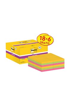 Post-It Super Sticky Pack de 24 Blocs de 90 Notas Adhesivas Reposicionables - 47.6x47.6mm - Promocion 18 Blocs + 6 Gratis - Coul