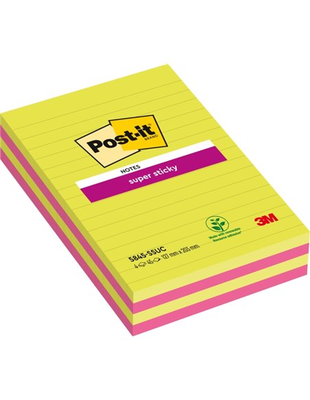 Post-It Super Sticky Pack de 4 Blocs de 45 Notas Grandes Adhesivas Reposicionables - Avec Lineas - 100% PEFC - Couleurs assortie