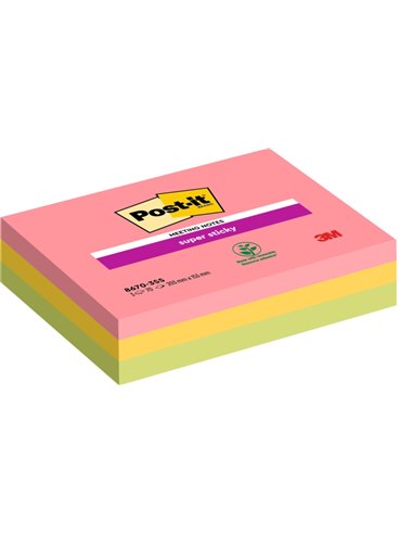 Post-It Super Sticky Pack de 3 Blocs de 70 Notas Pour Reuniones Adhesivas Reposicionables - 203x153mm - Couleurs assorties