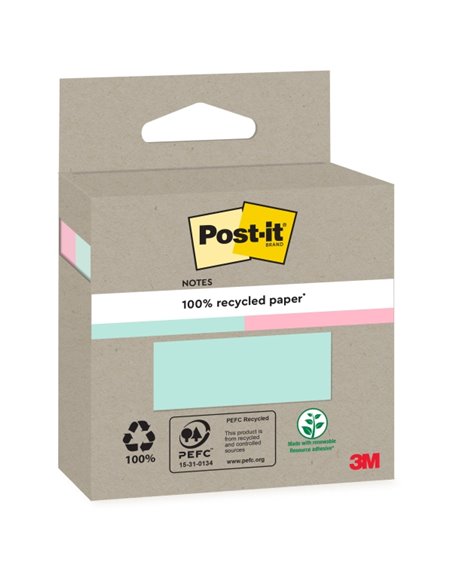 Post-It Pack de 2 Blocs de 100 Notas Adhesivas Recicladas - Forma Cuadrada - Couleurs assorties
