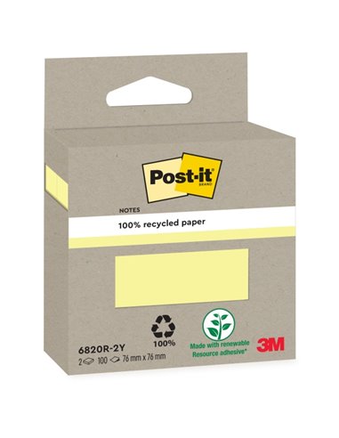 Post-It Pack de 2 Blocs de 100 Notas Adhesivas Recicladas - Forma Cuadrada - Couleur Jaune Clair