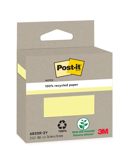Post-It Pack de 2 Blocs de 100 Notas Adhesivas Recicladas - Forma Cuadrada - Couleur Jaune Clair
