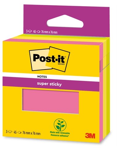 Post-It Super Sticky Pack de 3 Blocs de 45 Notas Adhesivas Reposicionables - 76x76mm - 100% PEFC - Couleurs assorties
