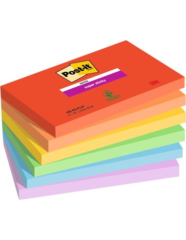 Post-It Super Sticky Pack de 6 Blocs de 90 Notas Adhesivas Reposicionables - Forma Rectangulaire - 127x76mm - Couleurs assorties