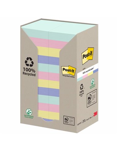 Post-It Pack de 24 Blocs de 100 Notas Adhesivas Recicladas - Forma Rectangulaire - 51x51mm - Couleurs assorties