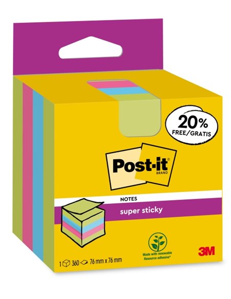 Post-It Super Sticky Cubo de 300 Notas Adhesivas Reposicionables - 76x76mm - 100% PEFC - Couleurs assorties
