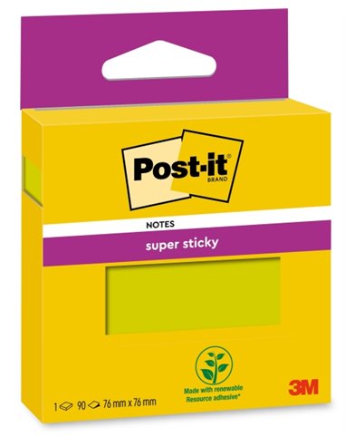 Post-It Super Sticky Pack de Feuilles/Bloc, 1 Bloc de 90 Notas Adhesivas Reposicionables - 76x76mm - Couleur Vert