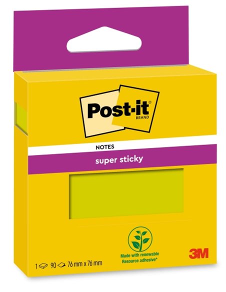 Post-It Super Sticky Pack de Feuilles/Bloc, 1 Bloc de 90 Notas Adhesivas Reposicionables - 76x76mm - Couleur Vert