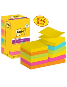 Post-It Super Sticky Pack de 12 Blocs de 90 Notas Adhesivas Reposicionables - Forma Cuadrada - 76x76mm - en Zig-Zag - Couleurs a